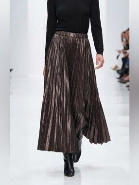 Angela Mele Milano Made in Italy Pleated Maxi Skirt Brown L/XL Retro Chic Glam